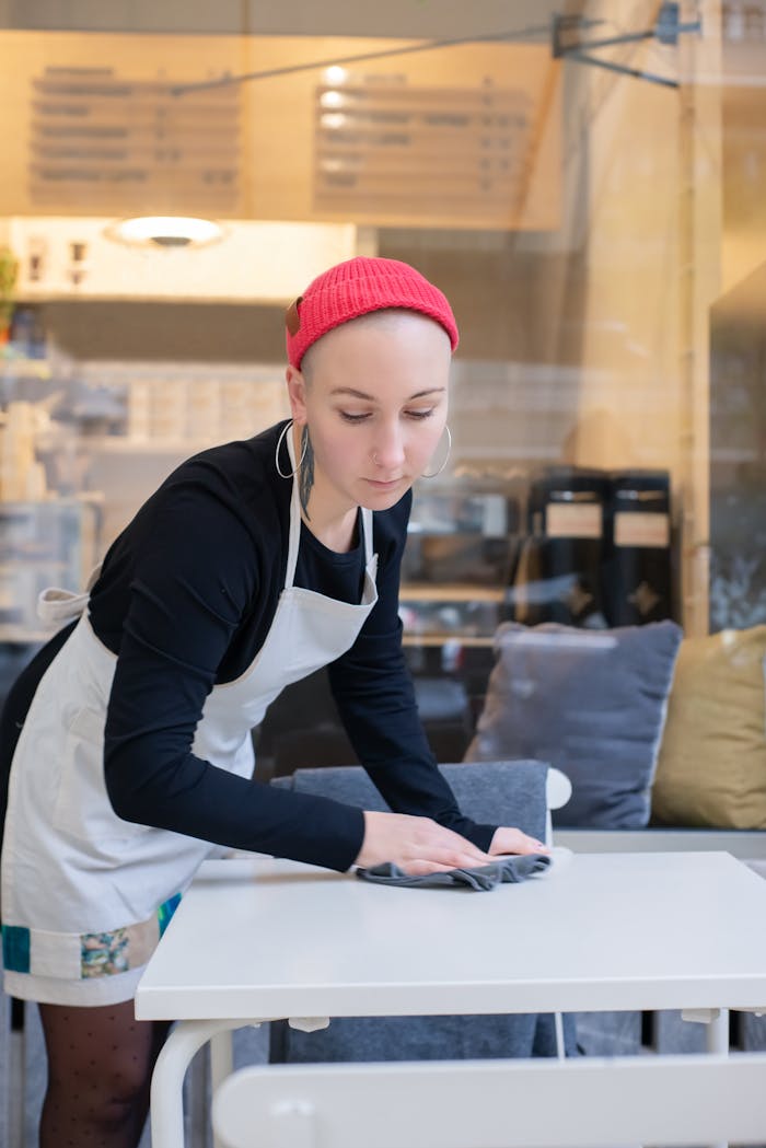 Home Woman with a red beanie cleaning a table in a contemporary coffee shop interior.